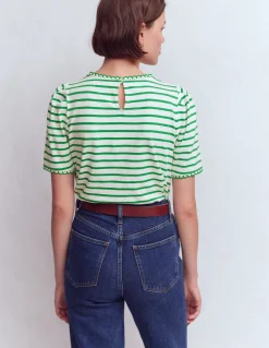Boden Tops & T-Shirts-T-shirt Ali festonné Rayé ivoire et amazonien