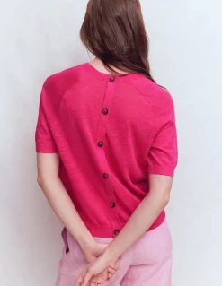Boden Pulls & Gilets-T-shirt boutonné Agnes en lin Rose pivoine