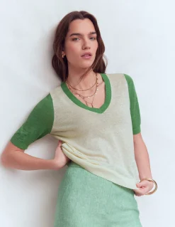 Boden Pulls & Gilets-T-shirt col en V Agnes en lin Ivoire/vert