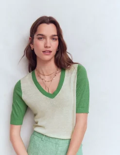 Boden Pulls & Gilets-T-shirt col en V Agnes en lin Ivoire/vert