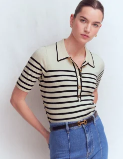 Boden Tenues De Travail|Pulls & Gilets-T-shirt Liz à col tunisien Ivoire. Bleu marine