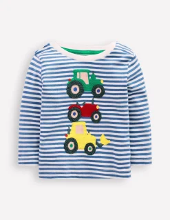 Boden Tops & Bodies-T-shirt manches longues à appliqué Tracteurs rayé bleu