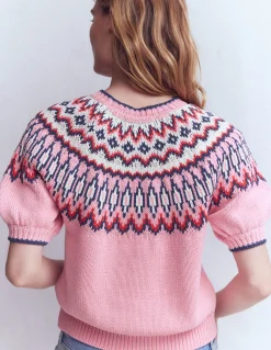 Boden Pulls & Gilets-T-shirt Margot à manches bouffantes Motif jacquard rose amande