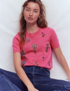 Boden Pulls & Gilets-T-shirt ornementé Punch rose