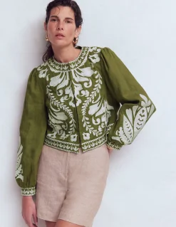 Boden Manteaux & Vestes-Veste brodée en lin Vert des bois