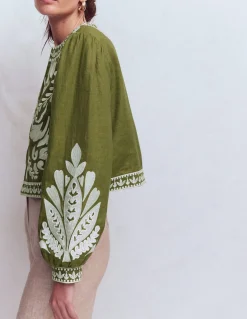 Boden Manteaux & Vestes-Veste brodée en lin Vert des bois