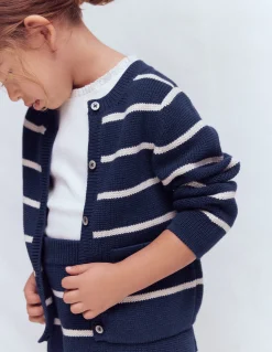 Boden Pulls & Gilets|Ensembles Assortis-Veste col rond en maille Rayé bleu marine universitaire/ivoire doux